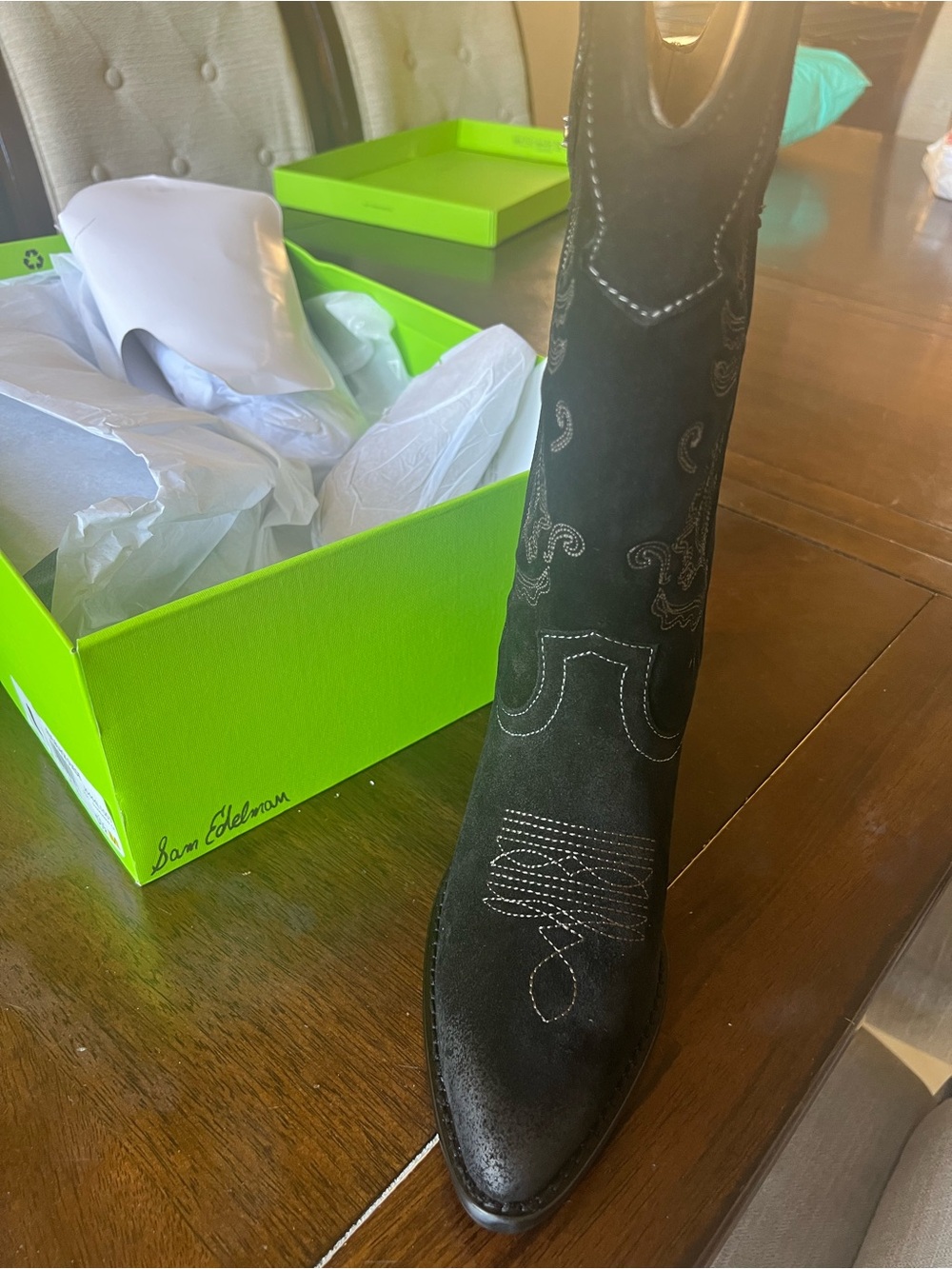 New 5.5 Sam Edelman Black Suede Embroidered Western mid calf Boot